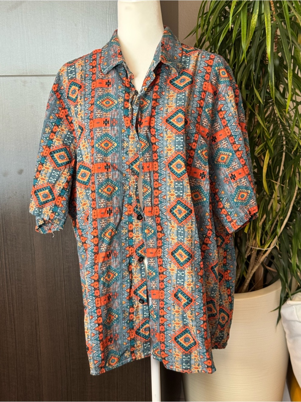 Casual Short-Sleeve Button Down Shirt in Teal & Orange - Modern Aztec Print